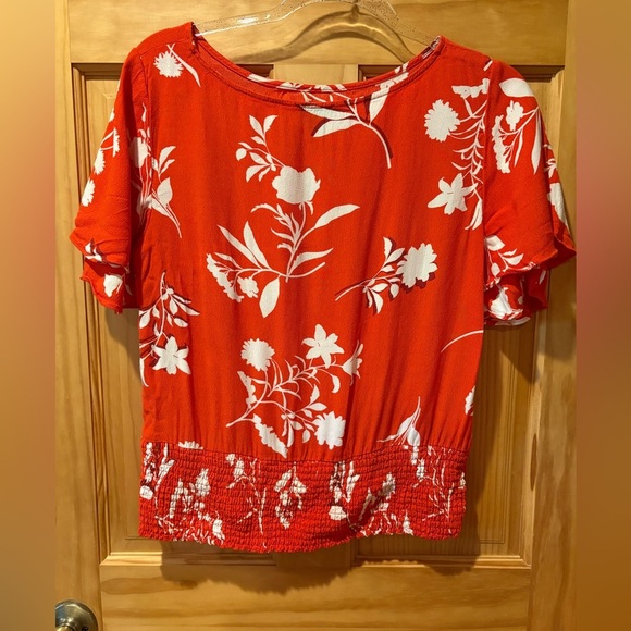 Ann Klein Floral Flutter Smocked Peplum Top orange women’s size M - Picture 2 of 10